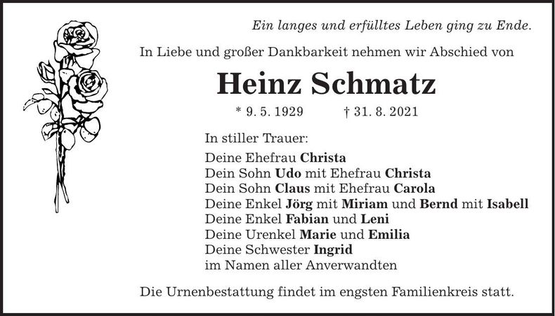 Traueranzeige Heinz Schmatz