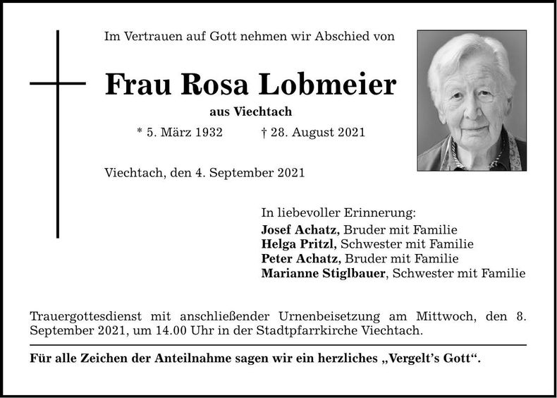 Traueranzeige Lobmeier Rosa