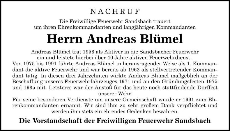 Traueranzeige Andreas Blümel