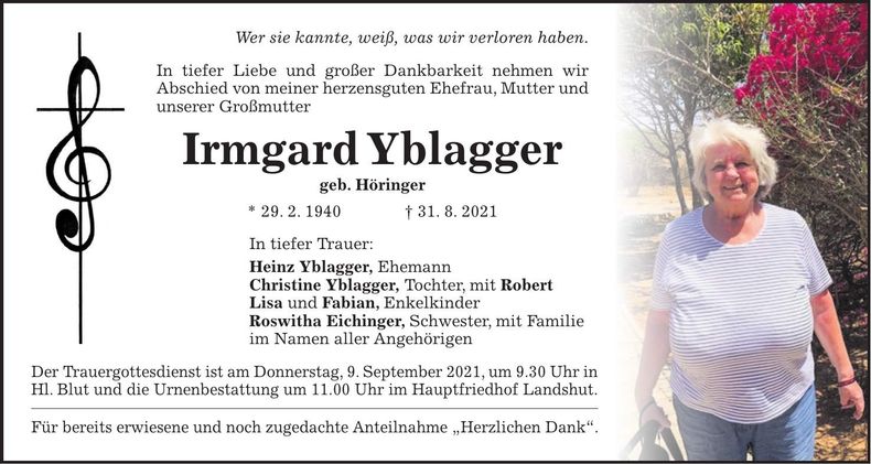 Traueranzeige Irmgard Yblagger