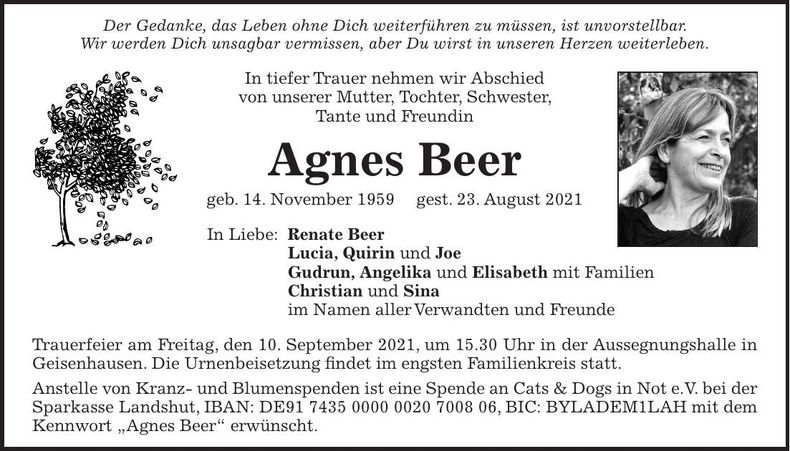 Traueranzeige Agnes Beer