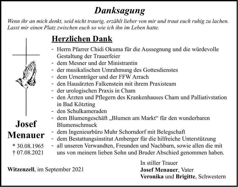 Traueranzeige Josef Menauer