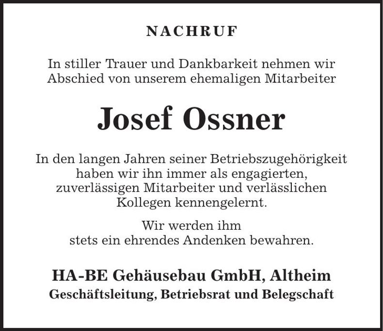 Traueranzeige Josef Ossner