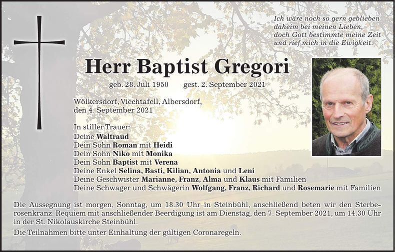 Traueranzeige Baptist Gregori