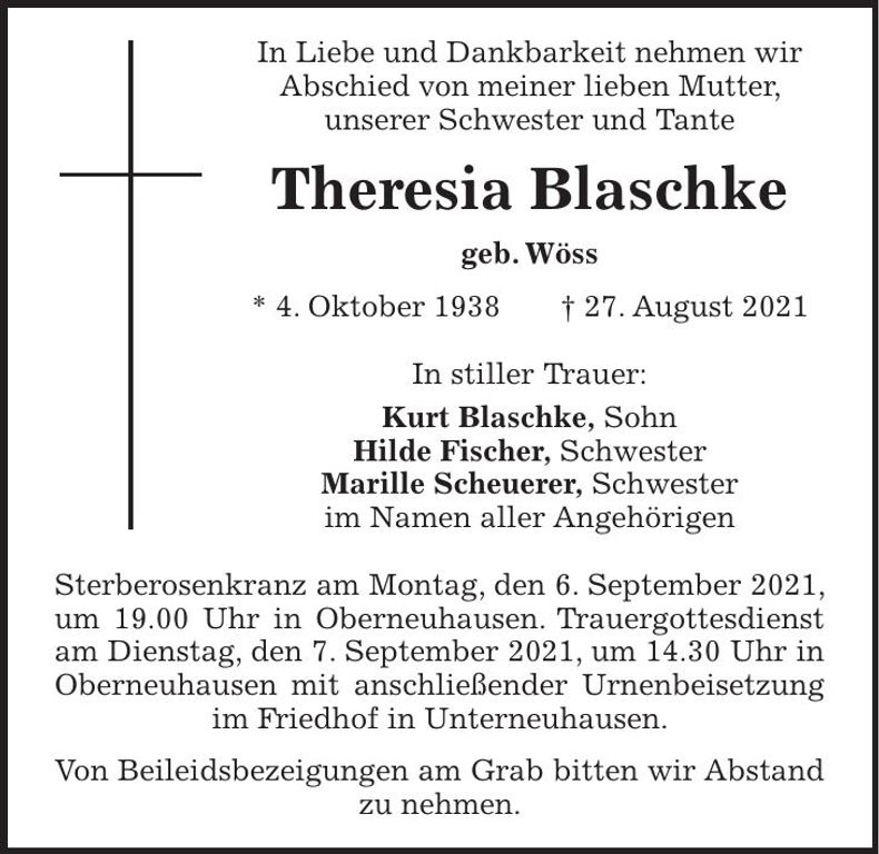 Traueranzeige Theresia Blaschke