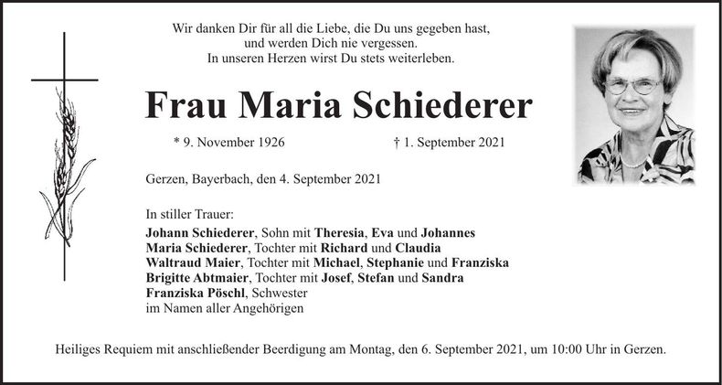 Traueranzeige Maria Schiederer