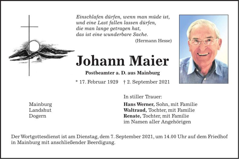 Traueranzeige Johann Maier