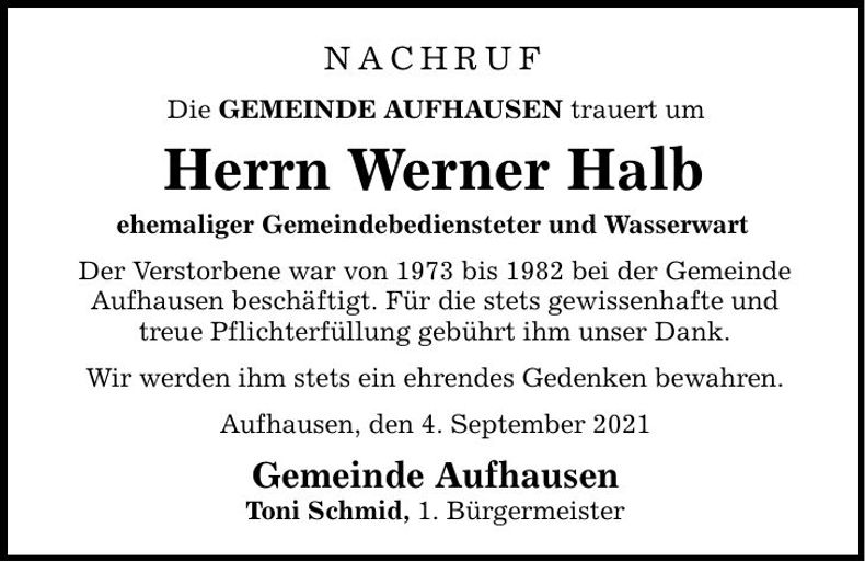 Traueranzeige Werner Halb