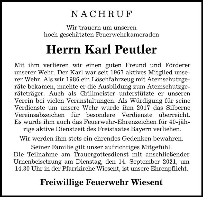Traueranzeige Karl Peutler