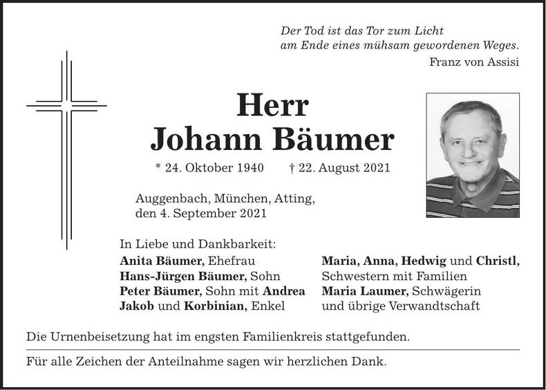 Traueranzeige Johann Bäumer