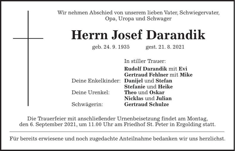 Traueranzeige Josef Darandik