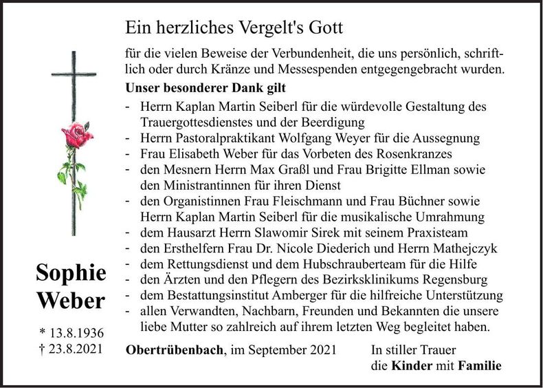 Traueranzeige Sophie Weber