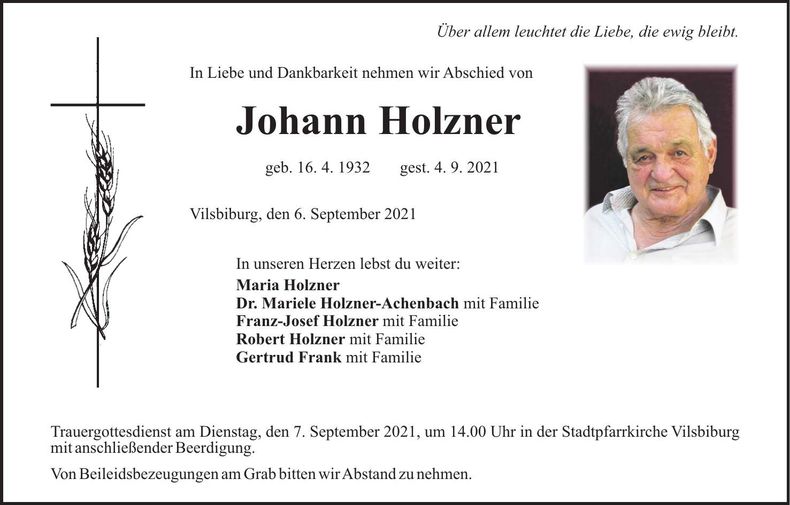 Traueranzeige Johann Holzner