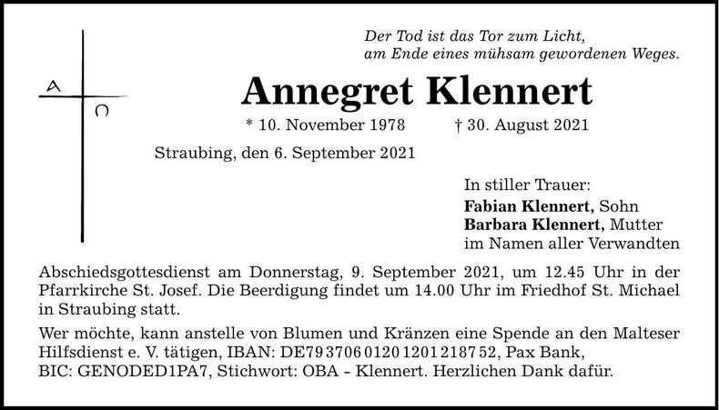 Traueranzeige Annegret Klennert