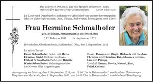 Traueranzeige Hermine Schmalhofer