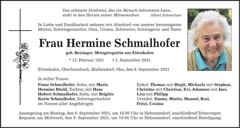 Traueranzeige Hermine Schmalhofer