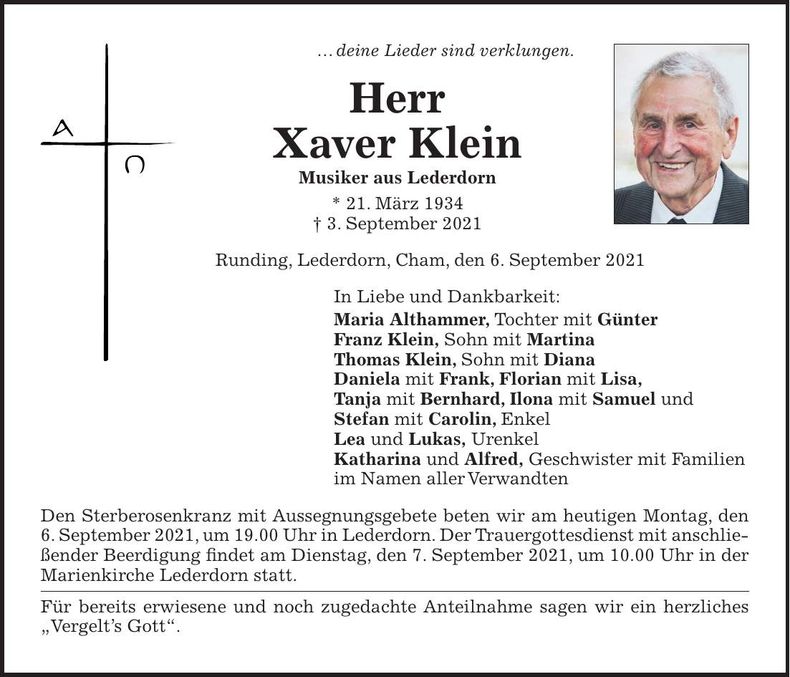 Traueranzeige Xaver Klein