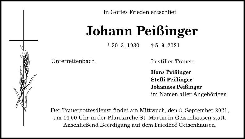 Traueranzeige Johann Peißinger