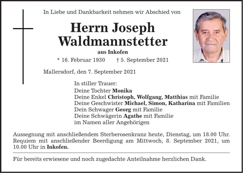 Traueranzeige Joseph Waldmannstetter