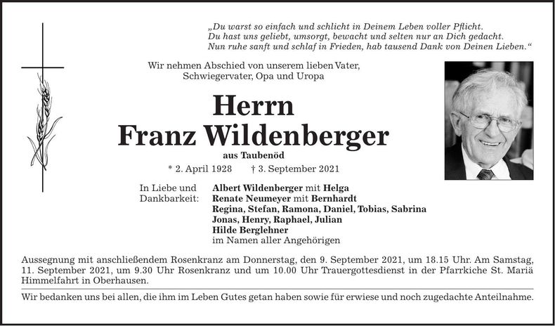 Traueranzeige Franz Wildenberger