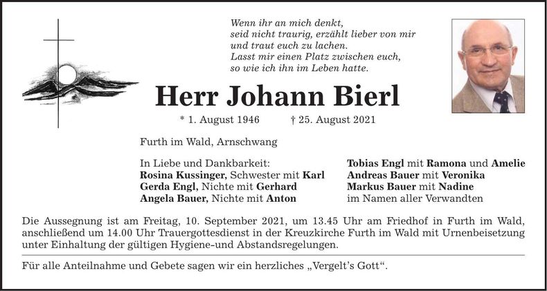 Traueranzeige Johann Bierl