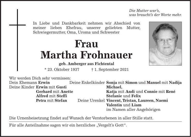 Traueranzeige Martha Frohnauer