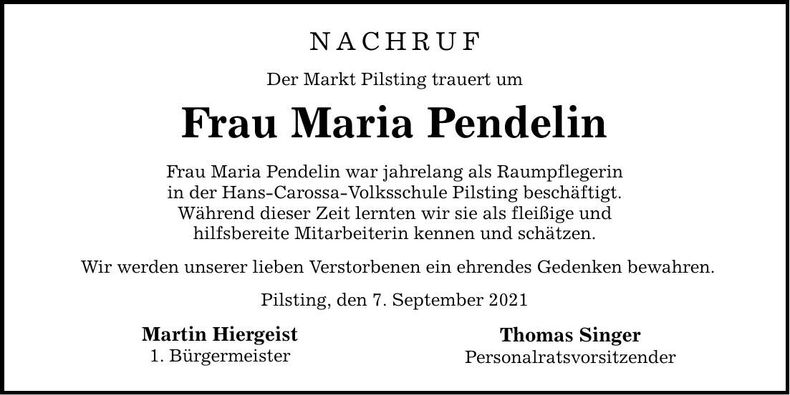 Traueranzeige Maria Pendelin