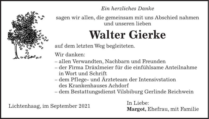 Traueranzeige Walter Gierke