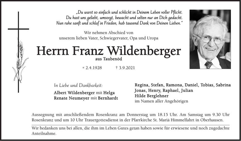 Traueranzeige Franz Wildenberger