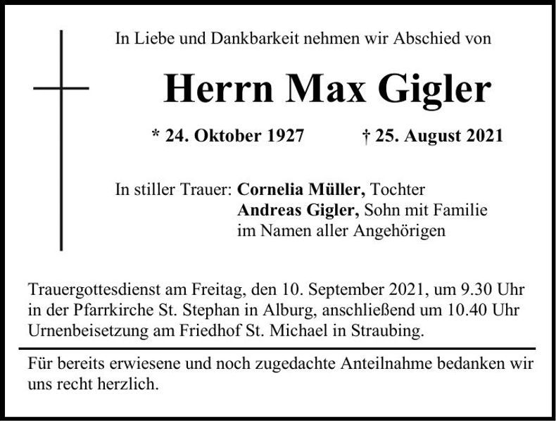 Traueranzeige Max Gigler