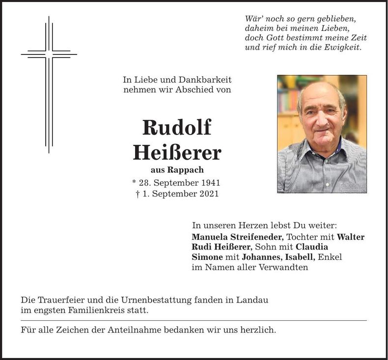 Traueranzeige Rudolf Heißerer