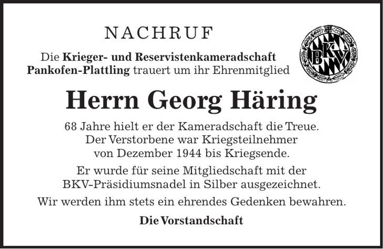 Traueranzeige Georg Häring