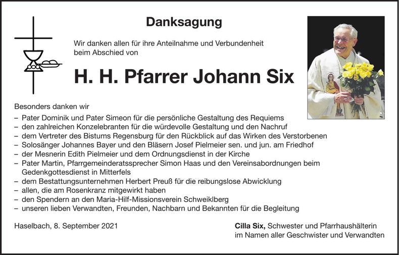 Traueranzeige Johann Six