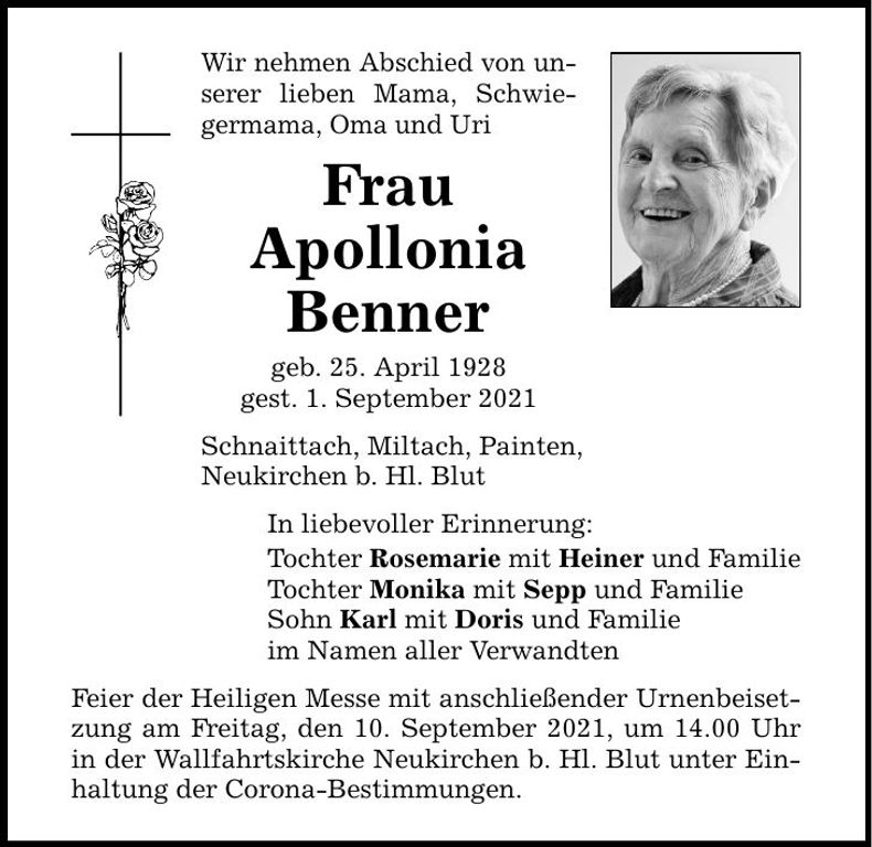 Traueranzeige Apollonia Benner