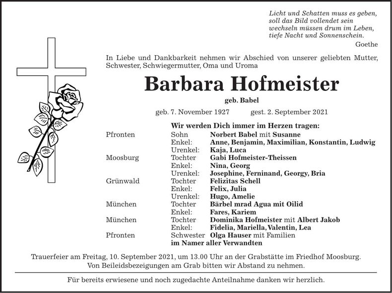 Traueranzeige Barbara Hofmeister
