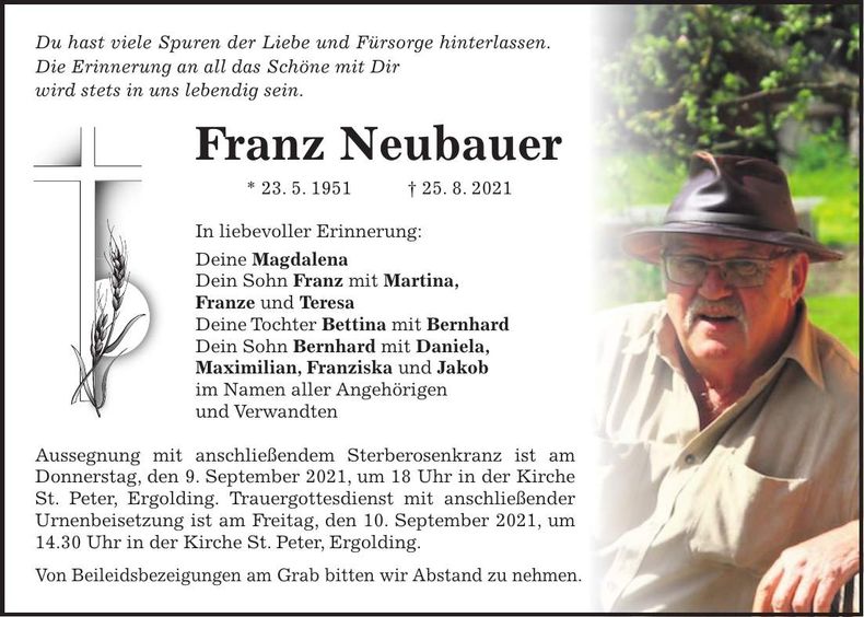 Traueranzeige Franz Neubauer