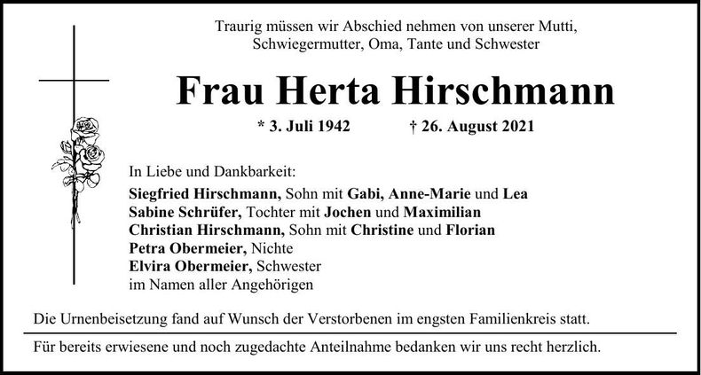 Traueranzeige Herta Hirschmann