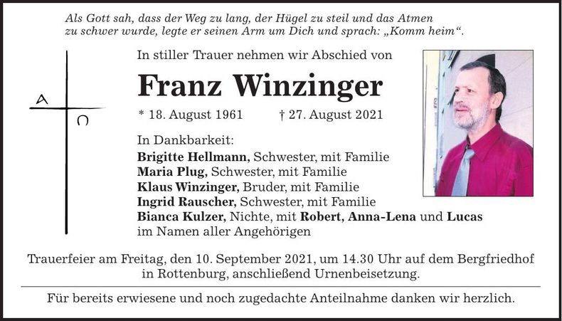 Traueranzeige Franz Winzinger