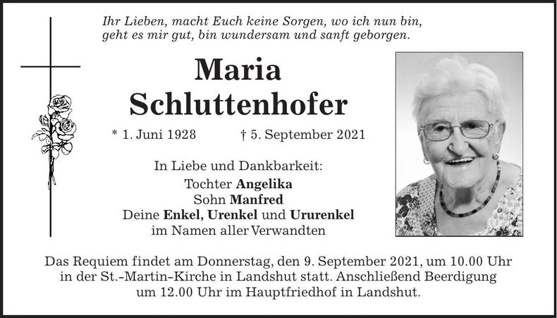 Traueranzeige Maria Schluttenhofer