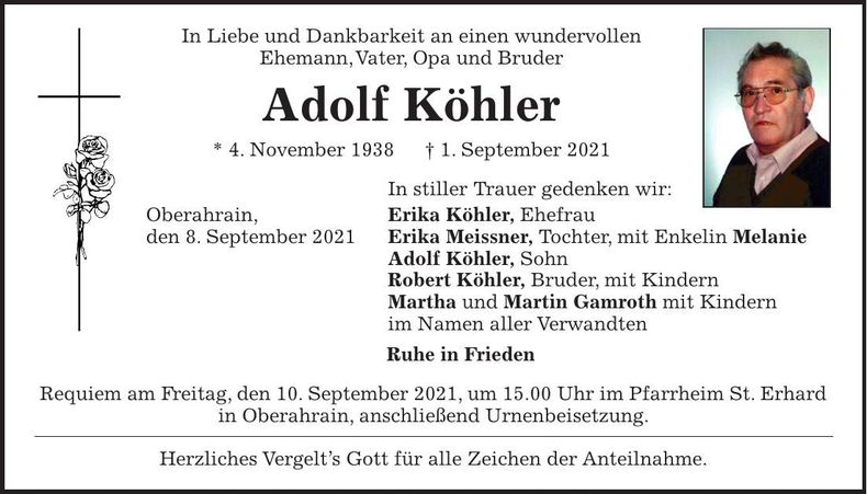 Traueranzeige Adolf Köhler