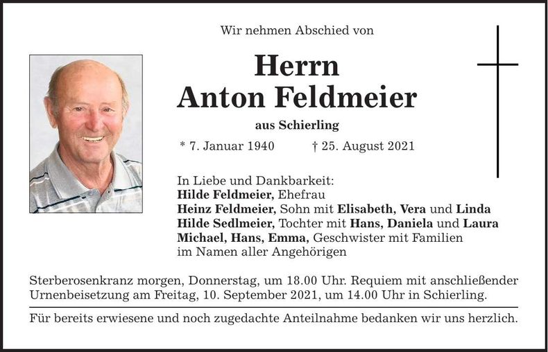 Traueranzeige Anton Feldmeier
