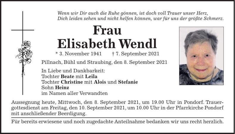 Traueranzeige Elisabeth Wendl