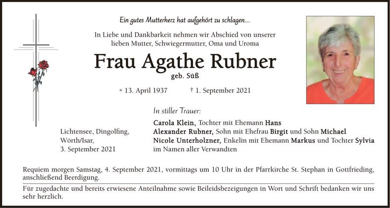 Traueranzeige Agathe Rubner