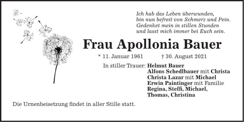 Traueranzeige Apollonia Bauer