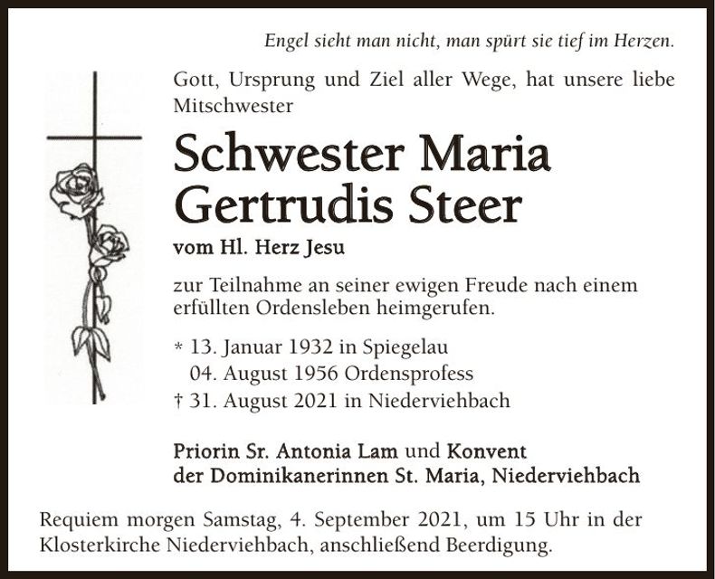 Traueranzeige Schwester Maria Gertrudis Steer