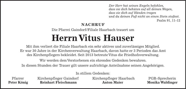 Traueranzeige Vitus Hauser