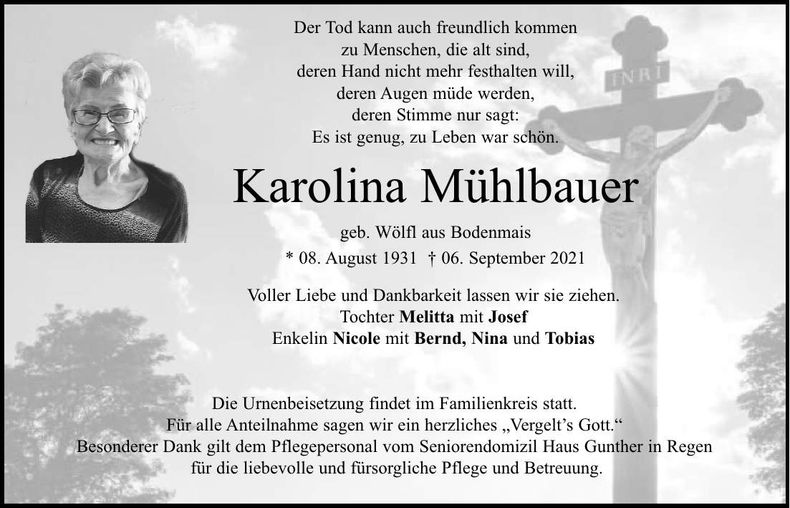 Traueranzeige Mühlbauer Karolina