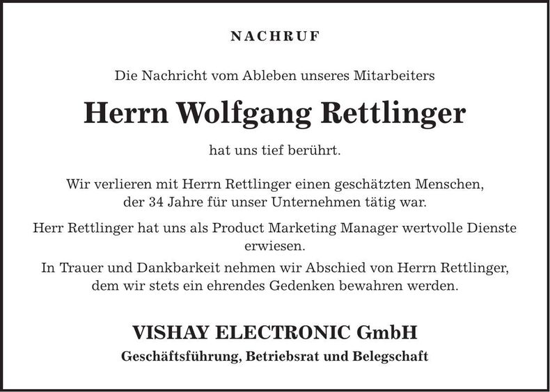 Traueranzeige Wolfgang Rettlinger