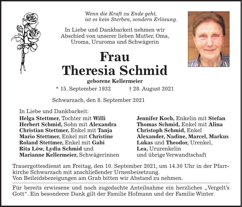 Traueranzeige Theresia Schmid