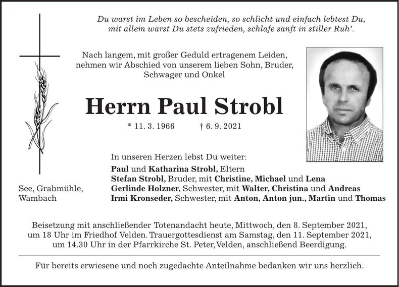 Traueranzeige Paul Strobl